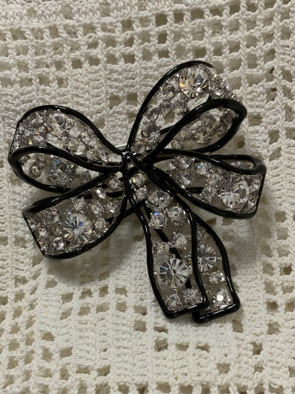 Kenneth Jay Lane Black-Trim Clear Crystal Bow Brooch